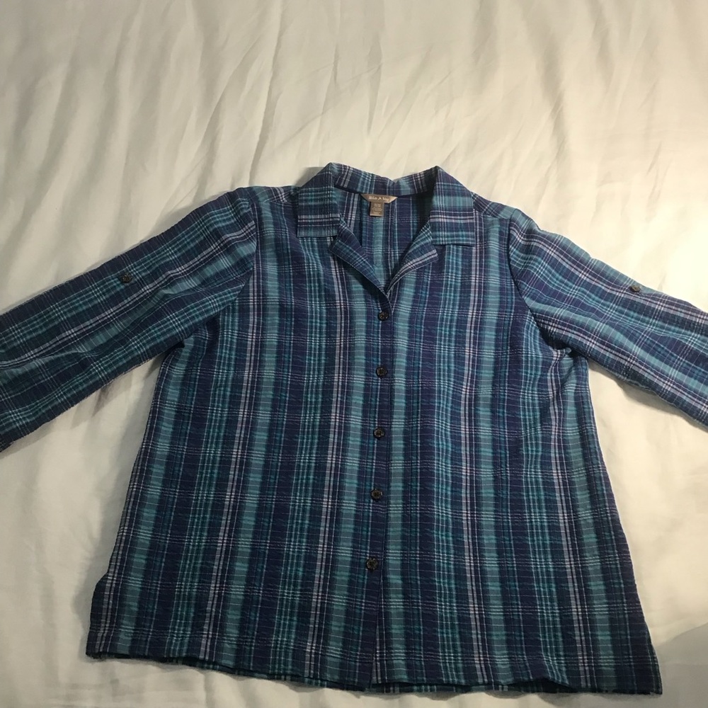 White Stag Blue Plaid 3/4 Sleeve w/Tabs Button Front Blouse w/Side Slits Size XL